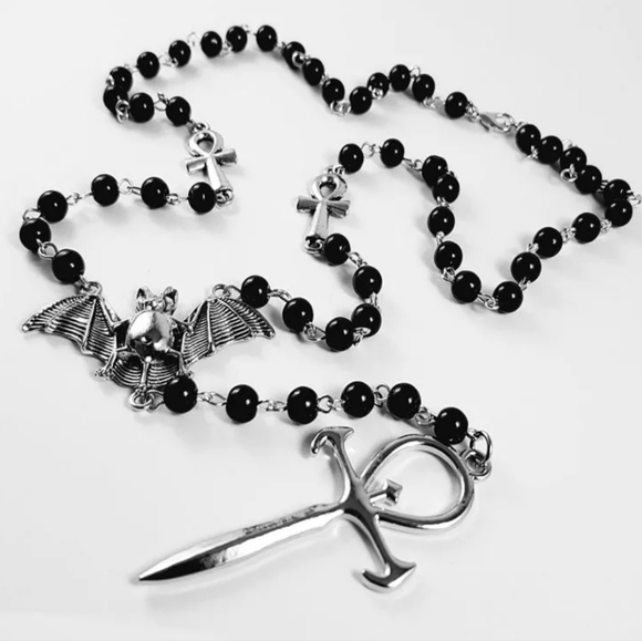 ✝️Witchy Gothic Rosary Black Beaded Chaun Bats Crosses Dagger Vamp Long Necklace - Picture 5 of 5